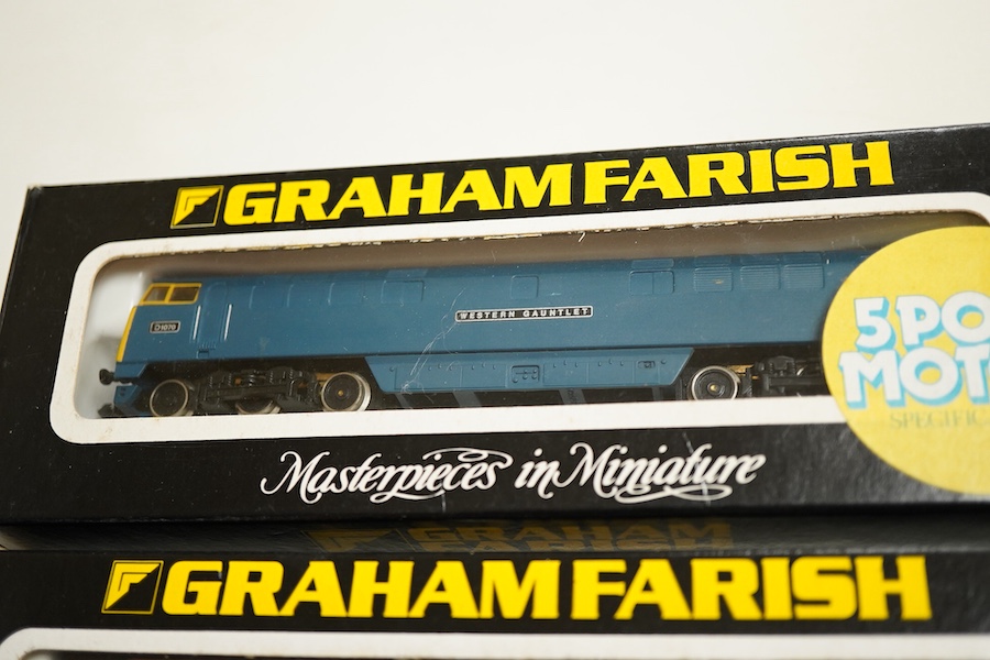 Four boxed Graham Farish N gauge railway diesel locomotives; a Network SouthEast class 50, Superb 50 002 (8408), a BR class 56, 56076 (8055), a BR class 52, Western Gauntlet D1070, (8425) and a BR class 52, Western Conso